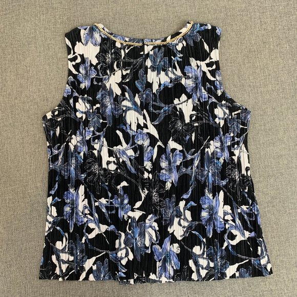Roz & Ali Textured Floral Sleeveless Blouse Gold Chain Neckline Large Blue Black - Picture 12 of 15